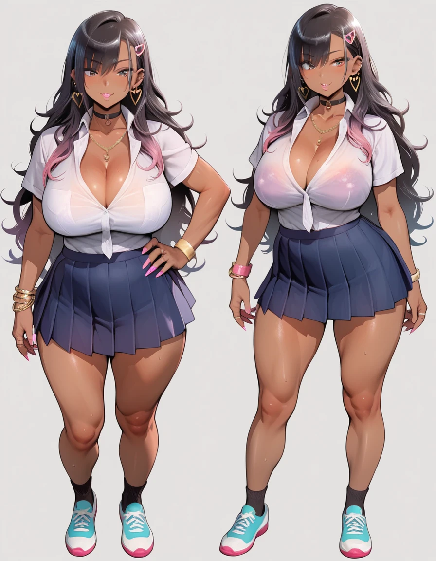(masterpiece), best quality, highly detailed faces, (SHARP details), 4k, highly detailed, expressive eyes, SHARP detail expressive eyes, (SHARP detail perfect face), ((dark skin)), long hair, ((big breasts)), ( girl), black hair, (gyaru), full body shot, school shirt, school skirt, view from front, cleavage, ikuchan, piercing, slutty, big as, wide hips,