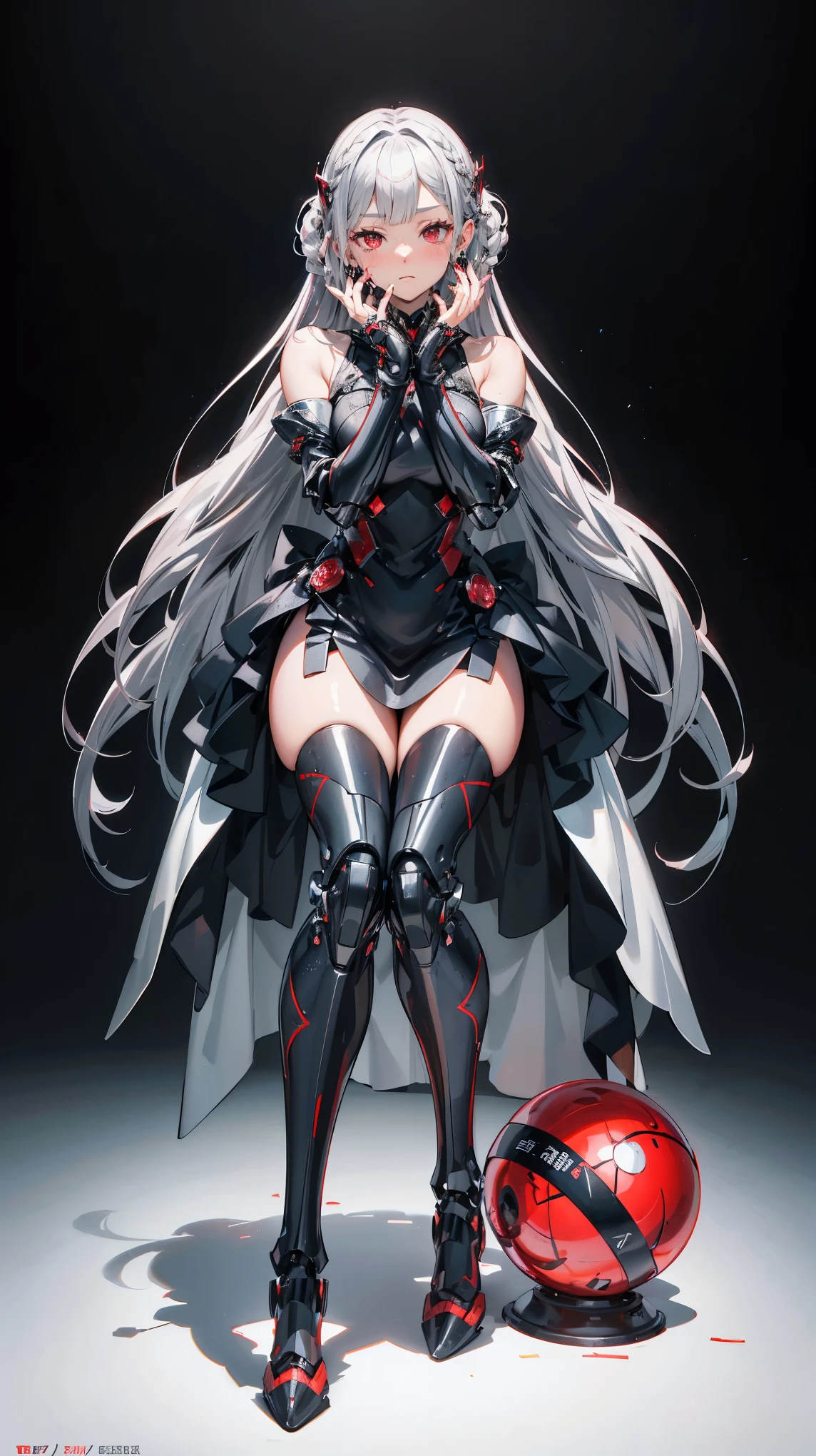 One full-body photo, Silver Hair, Red eyes, Bobcut, Braiding, (Look forward)), ((Put your hands on your face)), (surprised), (blush), Android, Female type, Mecha Girl, Ball joints, indoor, Kneel, Concept Art, Beautiful anime scene, Beautiful anime scenery, Top rated on pixiv, Highest quality, 4K