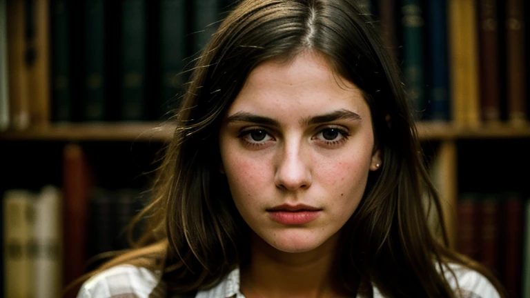 photograph of a woman, (worried facial expression), textured white skin, Goosebumps, long wavy brown hair, white flannel shirt with distressed boyfriend jeans, cowboy shot, Dark room and large bookshelf full of books, perfect hazel green eyes, (Candlelight,chiaroscuro), 160 color holder, shot on ARRI ALEXA 65, bokeh, sharp focus on the subject, shot by Don McCullin