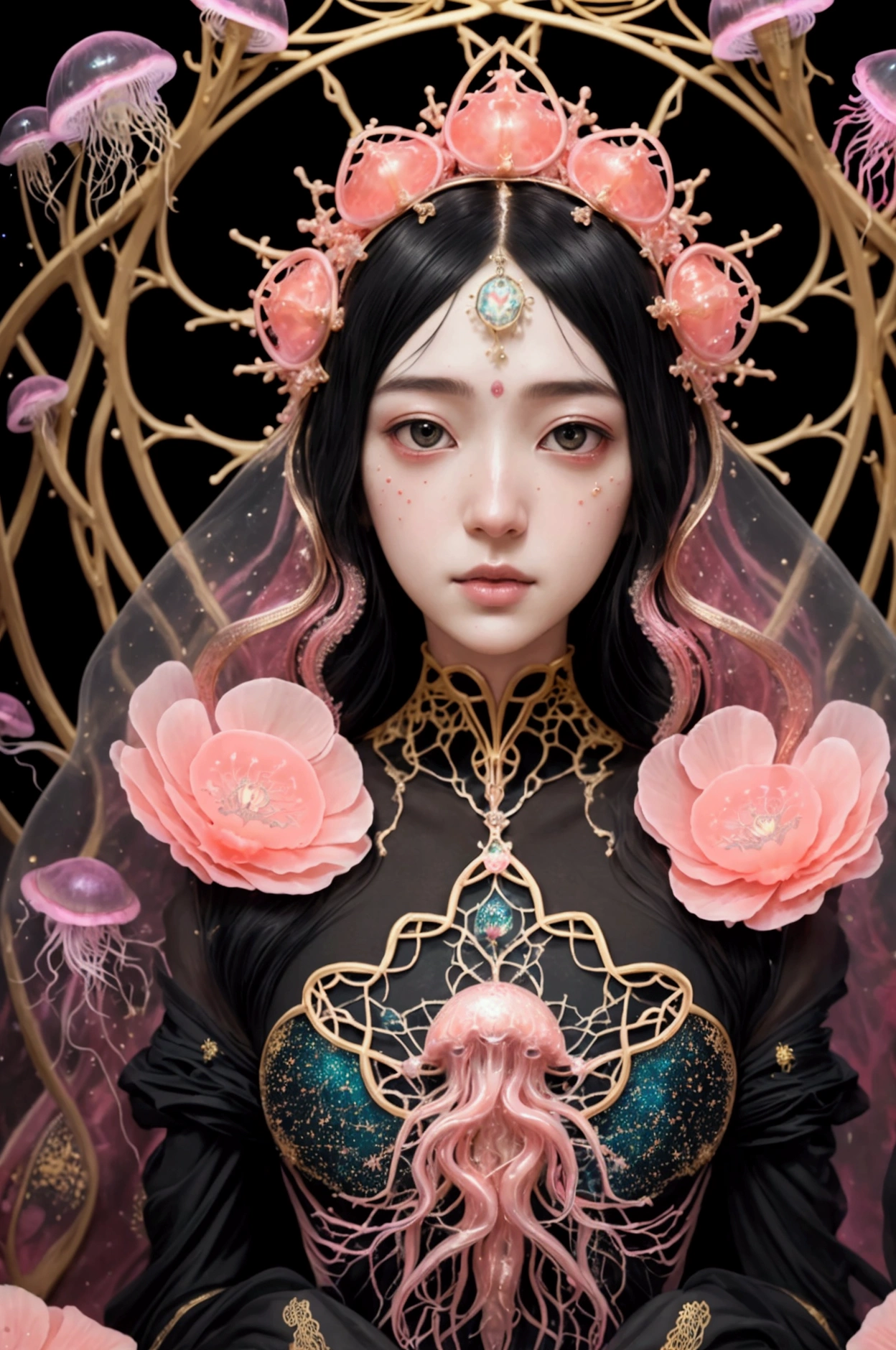 photo RAW, (Black and pink : Portrait of a ghostly jellyfish, shiny aura, highly detailed, gold filigree, intricate motifs, organic tracery, by Android jones, Januz Miralles, Hikari Shimoda, glowing stardust by W. Zelmer, perfect composition, smooth, sharp focus, sparkling particles, lively coral reef background Realistic, realism, hd, 35mm photograph, 8k), masterpiece, award winning photography, natural light, perfect composition, high detail, hyper realistic