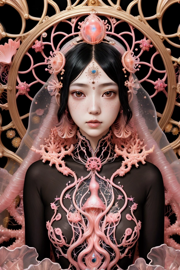 photo RAW, (Black and pink : Portrait of a ghostly jellyfish, shiny aura, highly detailed, gold filigree, intricate motifs, organic tracery, by Android jones, Januz Miralles, Hikari Shimoda, glowing stardust by W. Zelmer, perfect composition, smooth, sharp focus, sparkling particles, lively coral reef background Realistic, realism, hd, 35mm photograph, 8k), masterpiece, award winning photography, natural light, perfect composition, high detail, hyper realistic