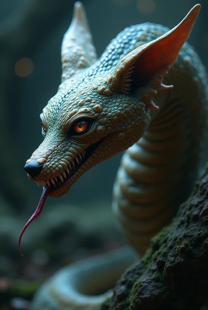 Make me an animal, that is a mix between a snake and a fox, It can be seen that they represent greed and envy, that looks more terrifying