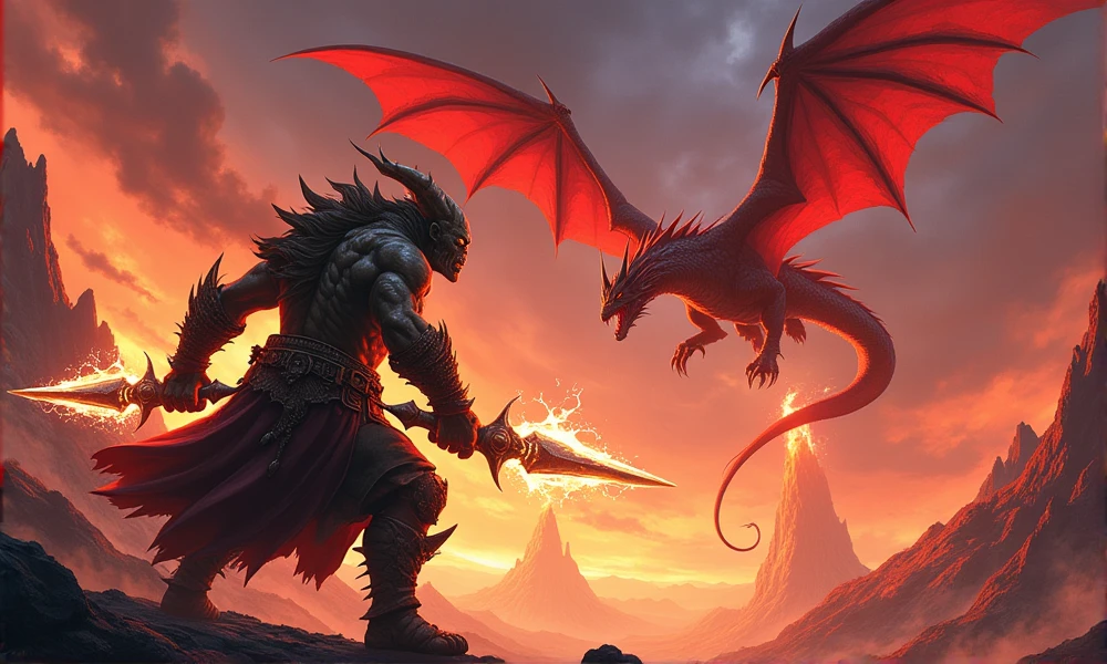 powerful goblin equipped with two electric daggers, he is looking at a powerful red dragon that is flying above a volcano, anime styling.