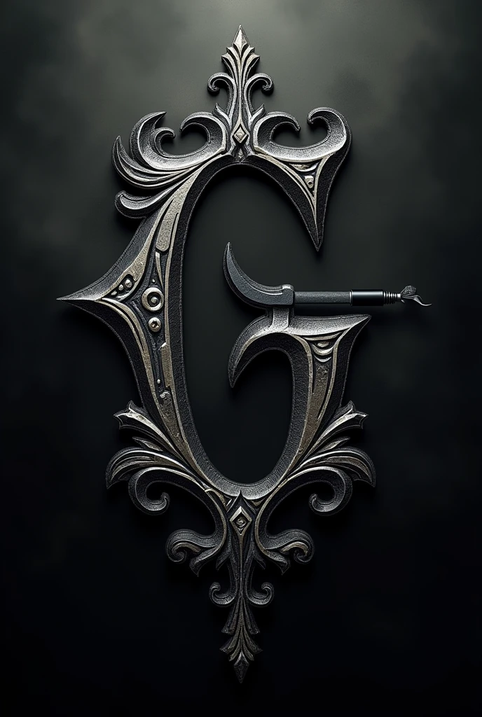 create a logo of tattoo studio with the gothic font of the letter G with arebesques and with a tattoo machine