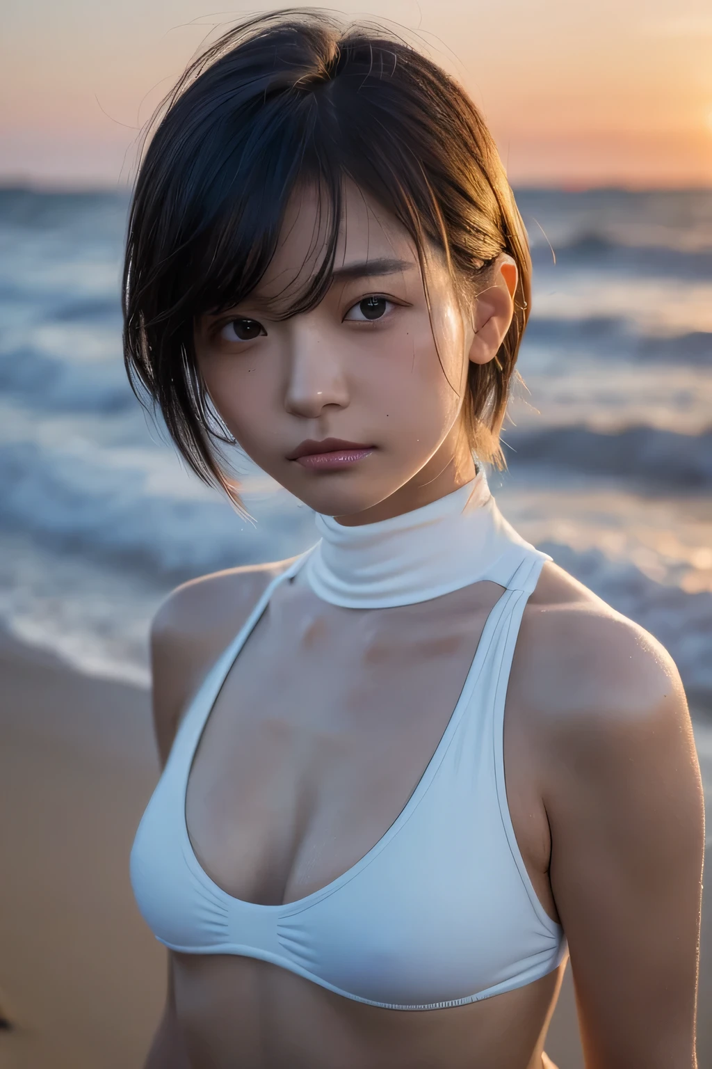 Hair blowing in the wind、Wet Skin、Wet Hair、Wet clothes、Coast at dusk,A cute girl with a face like a Japanese idol, Short Hair, Skinny body、athlete、(Cinema Lighting),(Natural light),(High level of artistry),(artistic),(Indistinguishable quality from the real thing),{{RAW Photos}},{{Genuine}},High resolution,masterpiece, beautiful, Handsome Tomboy, Looks like a salon model, Cool face,  (nsfw),、Puzzled、shame、sleepy、(Spoiled:1.4), Cowboy Shot、Bold and sexy model pose、No sleeve、High neck、turtleneck、Swimwear