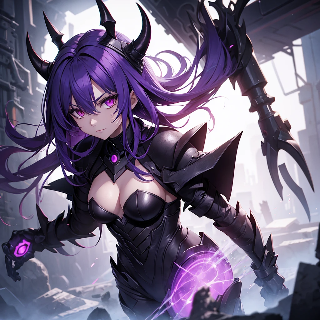 Demon queen fighting Dark matter entity ruin background