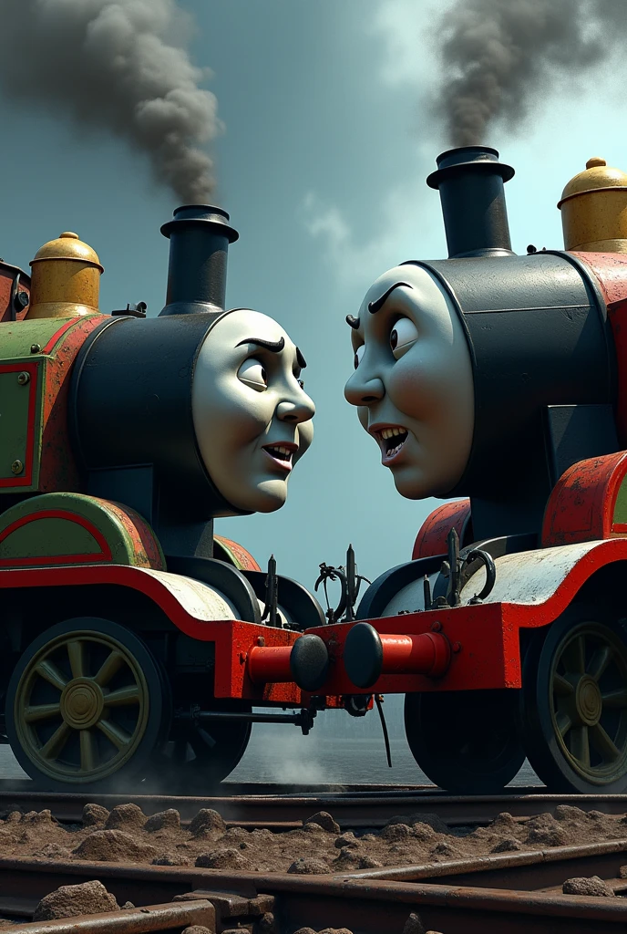 Angry Thomas the Train (very angry, frustrated) with Diesel (black diesel locomotive)