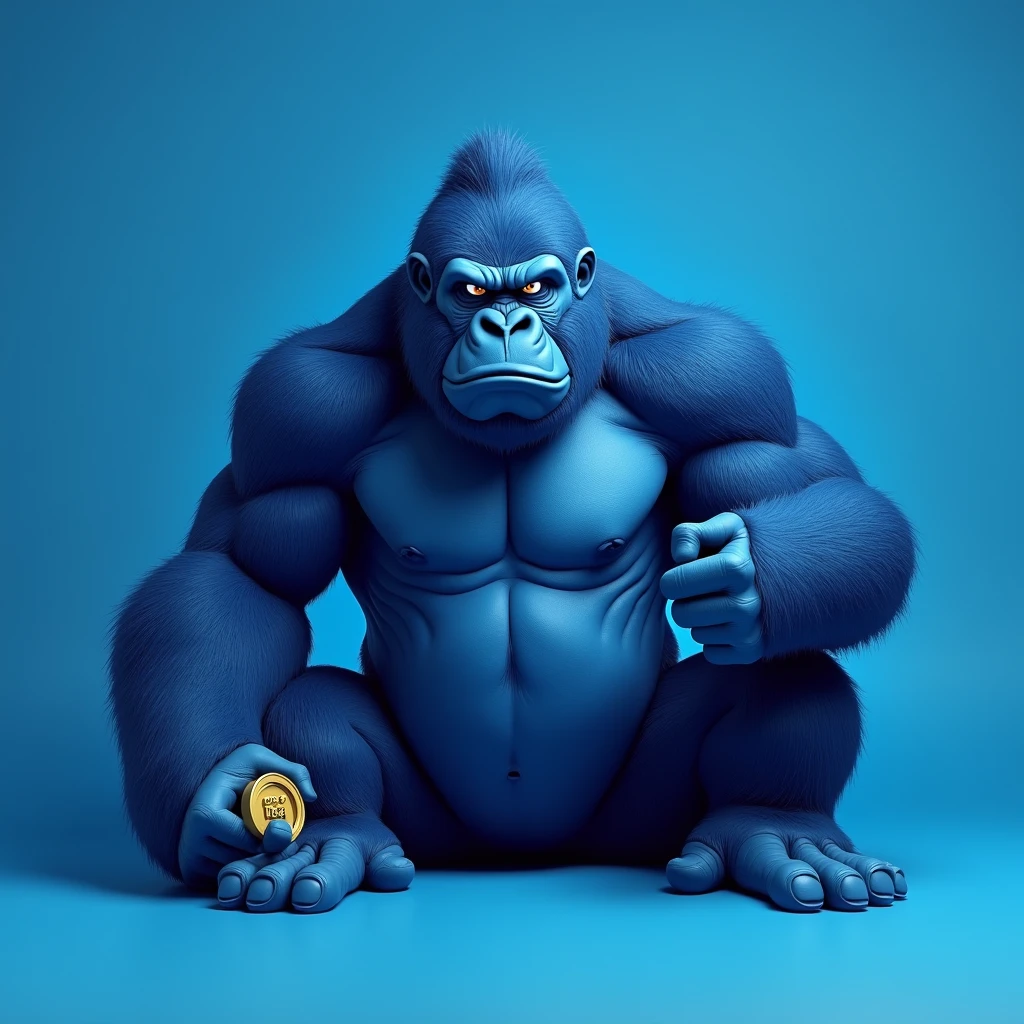 Blue gorilla , feg token , blue plain background , coin , sitting gorilla , noble , angry , muscular