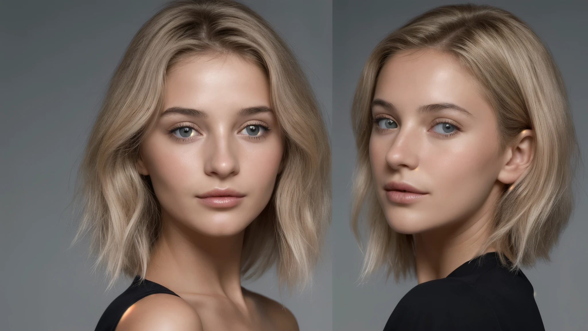 Crée une image hyperréaliste du visage d'une femme d'origine européenne, divisée en trois sections distinctes. La première section montre la femme regardant légèrement vers la gauche, la deuxième section présente une vue de face, et la troisième section la montre regardant légèrement vers la droite. La femme a un teint bronzé, des cheveux blonds et légèrement ondulés, et son grain de peau est clairement visible, avec des détails tels que des pores, des légères imperfections, et une texture naturelle. L'éclairage est doux et uniforme, mettant en valeur les contours du visage, les reflets subtils dans ses cheveux, et la profondeur de son regard. Le fond est neutre pour focaliser toute l'attention sur les orientations du regard et les détails réalistes du visage.
