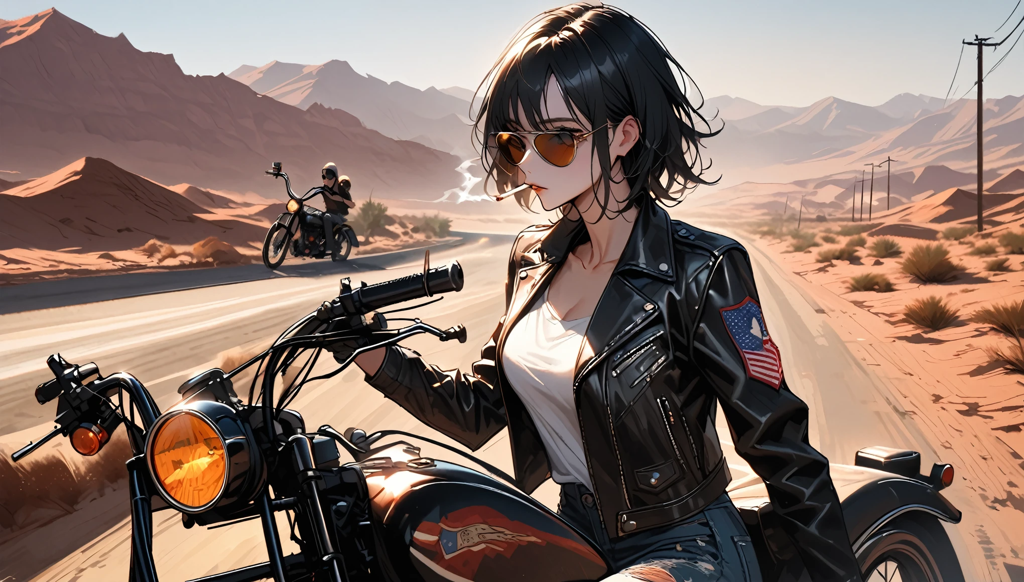 close up, female, solo, short messy black hair, aviator sunglasses, cigarette in mouth, black leather jacket, worn jeans, leather boots, chopper bike, American desert road landscape with old dinner, sunny, bike gang, large breasts, tall, road, broad shoulders
