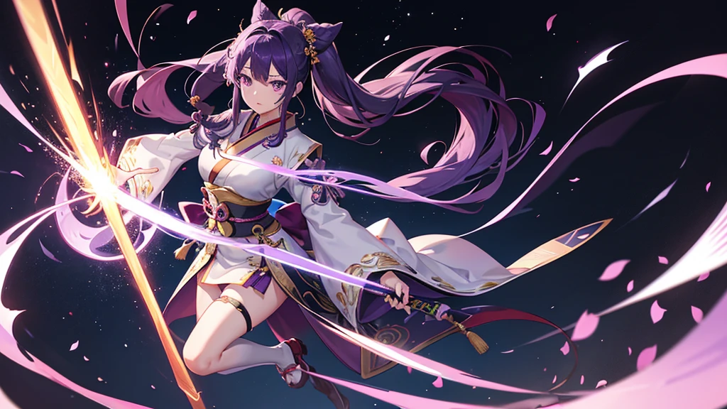 雷electricity将军, Solitary, Long hair, Looking at the audience, Bangs, Hair accessories, Knee socks, Keep, cleveage, Purple Eyes, whole body, arms, Purple Hair, Weaving, Japanese clothes, sword, Wide sleeves, kimono, Possessed armss, armor, mole, Character Name, sash, mole under the eye, sword, Heart, challenge, Weavinged ponytail, Purple nails, electricity, purple kimono, Heartjime, -bar (Symbolism), Guangyou (shape), Unsheathed sword, human scabbard,