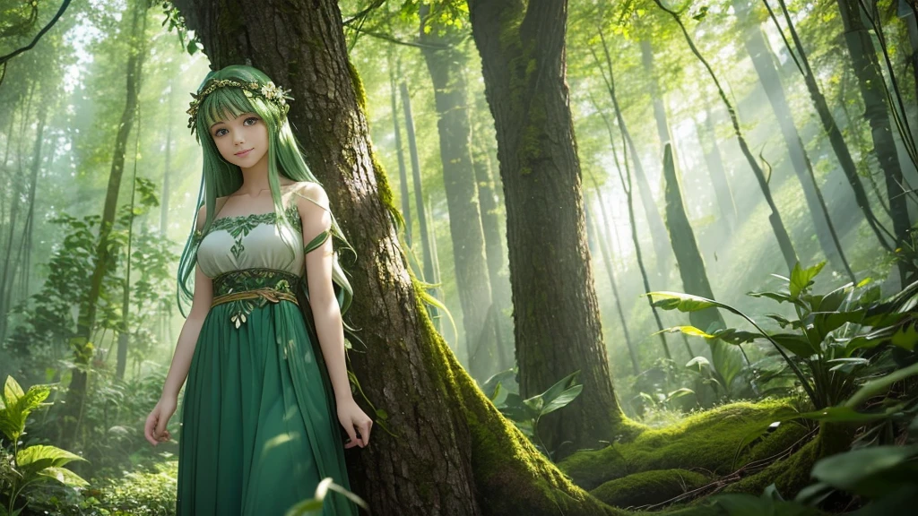 "A Leaf Fairy, a mystical creature connected deeply with nature and the wind. She has flowing green hair, delicate wings resembling leaves and flowers, and eyes that exude the vitality of nature. Though she appears to be in her early 20s, her true age is unknown, adding to her enigmatic aura. She is dressed in modest, plant-based clothing that emphasizes her close bond with the earth. Her expression is always gentle and calm, with a motherly smile that radiates warmth and serenity. New Leaf Fairies emerge from the ancient trees and fertile ground within lush forests, continuing the cycle of life in harmony with the natural world."
