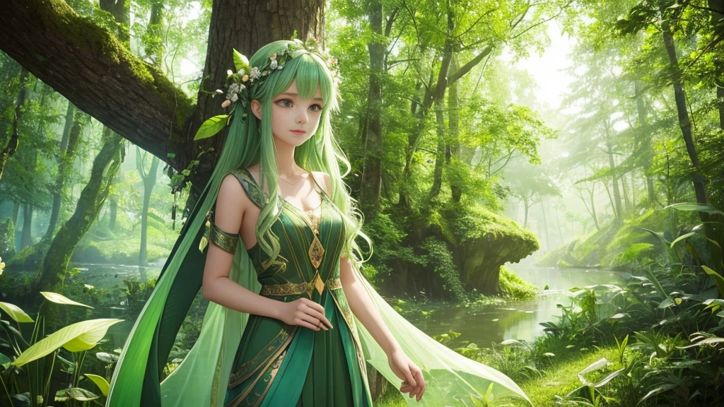 "A Leaf Fairy, a mystical creature connected deeply with nature and the wind. She has flowing green hair, delicate wings resembling leaves and flowers, and eyes that exude the vitality of nature. Though she appears to be in her early 20s, her true age is unknown, adding to her enigmatic aura. She is dressed in modest, plant-based clothing that emphasizes her close bond with the earth. Her expression is always gentle and calm, with a motherly smile that radiates warmth and serenity. New Leaf Fairies emerge from the ancient trees and fertile ground within lush forests, continuing the cycle of life in harmony with the natural world."