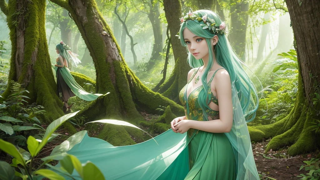 "A Leaf Fairy, a mystical creature connected deeply with nature and the wind. She has flowing green hair, delicate wings resembling leaves and flowers, and eyes that exude the vitality of nature. Though she appears to be in her early 20s, her true age is unknown, adding to her enigmatic aura. She is dressed in modest, plant-based clothing that emphasizes her close bond with the earth. Her expression is always gentle and calm, with a motherly smile that radiates warmth and serenity. New Leaf Fairies emerge from the ancient trees and fertile ground within lush forests, continuing the cycle of life in harmony with the natural world."