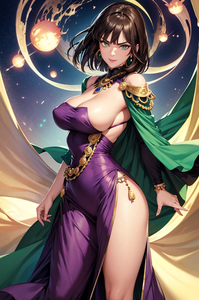 1girl, looking back, green eyes, emerald eyes, foxy eyes, mature eyes, detailled eyes, eyelashes, eyeliner, sly, frowned eyebrows, smirk smile, plump lips, juicy lips, full lips, closed mouth, brown hair, straight bangs, shoulder length hair, medium short hair, deep purple clothes, fantasy clothes, royal clothes, mage clothes, large hips, thin waist, medium small chest, mature face, pierced ear, body jewellery, thick thighs, callipygous figure, thighs jewellery, arms jewellery, open neckline, mage, purple magic, mature face, smirking, black thighs