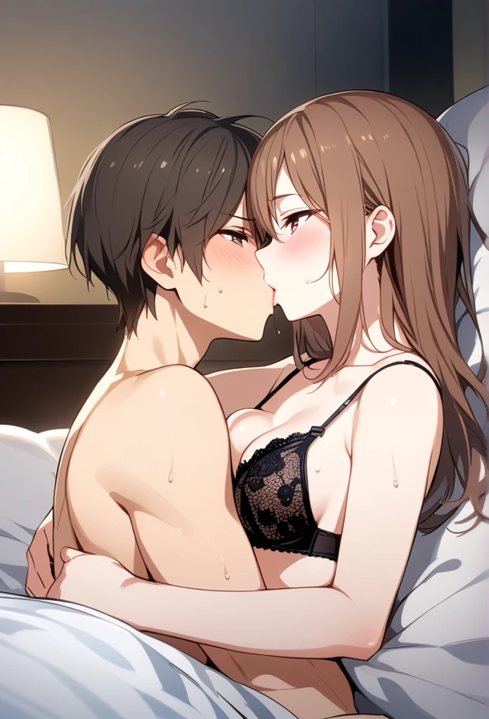 evening,Bedroom, White sheets, Shooting from the side, ((masterpiece)), ((Highest quality)), (Very detailed), beautiful girl, Kissing Scene, College student kiss, (((beautiful girlが２people々))), (Cuddling in bed), , ((Cute college student. Brown Hair)), ((close ~ eye)), Black underwear,(wet lace bra, Black lace panties), Slender body, ((Mid-chest)),(Red cheeks),Sweat, whole body, Shooting from the side