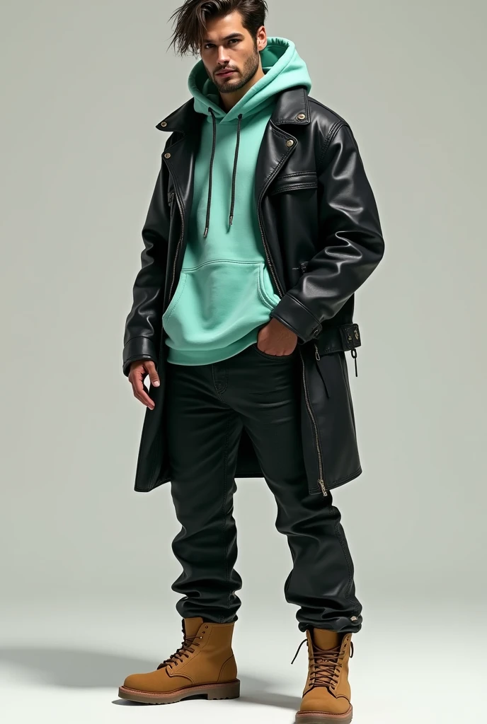 Man in black leather jacket, under mint-colored hooded sweatshirt, black jeans and camel-colored shoes