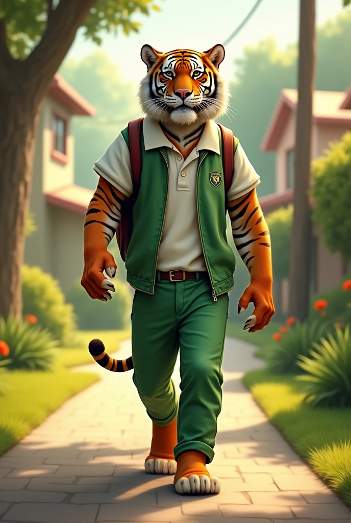 Tiger walking to school, green pants, white cubayera