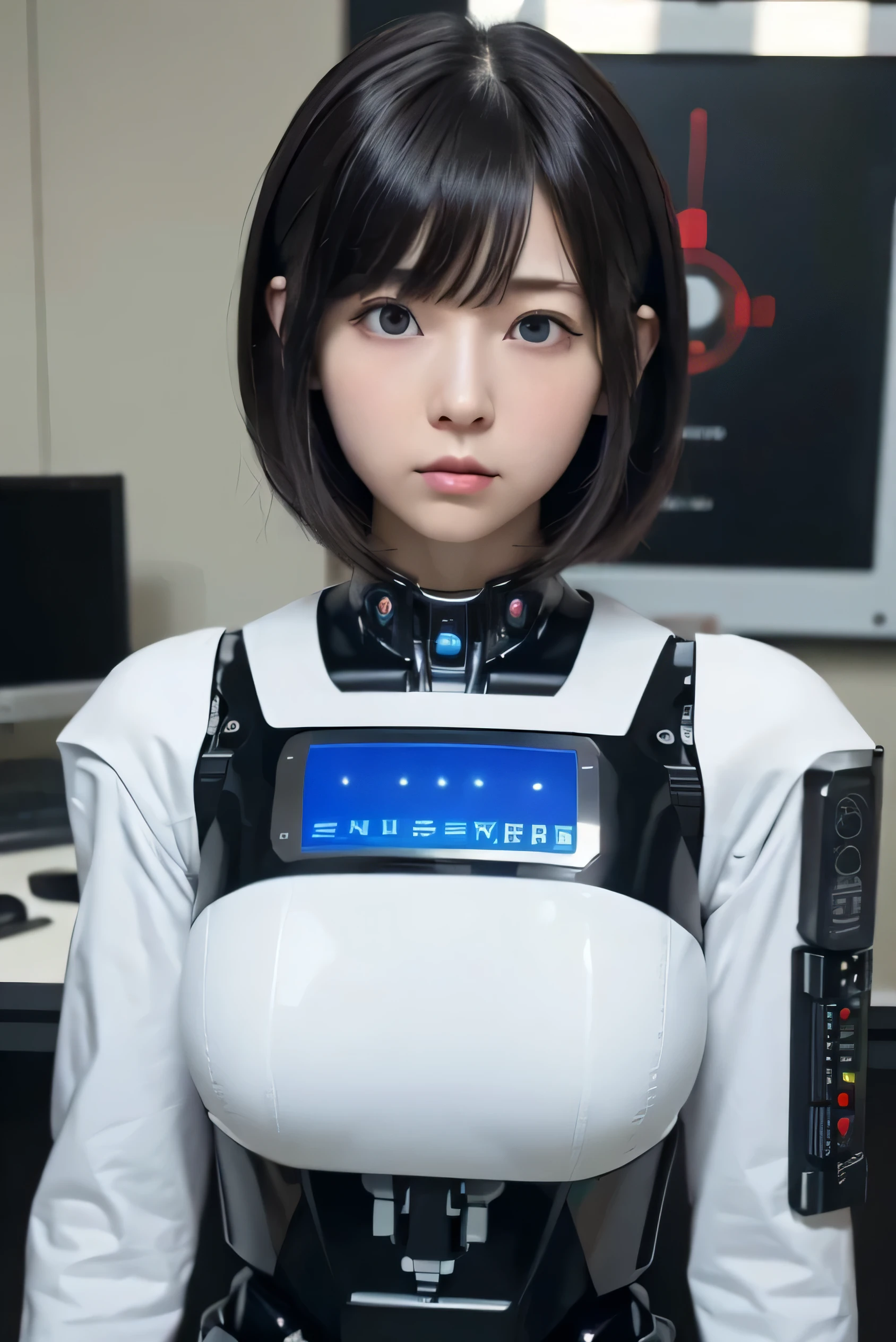 masterpiece, best quality, extremely detailed, Japaese android girl,portrait,Plump,a bit chubby,control panels,android,Droid,Mechanical Hand, Robot arms and legs, Black hair,Blunt bangs,perfect robot girl,long tube,thick cable connected her neck,android,robot,humanoid,cyborg,japanese cyborg girl ,robot-assembly plant,She is assembling now,assembly scene,blue eyes,chest monitor,hypnosis,blank eyes