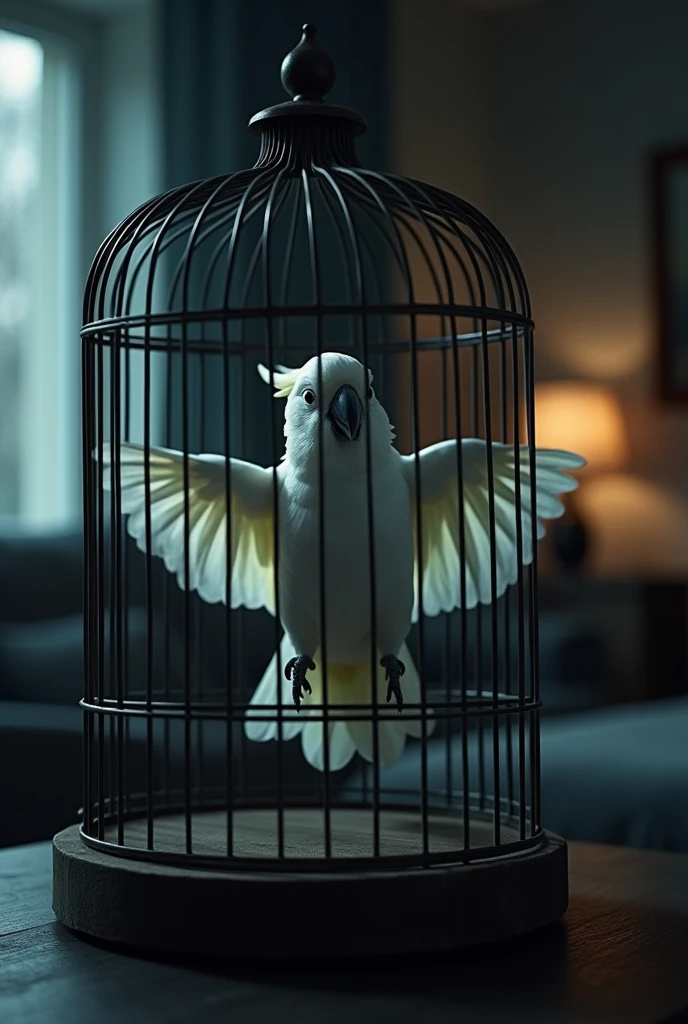 close up of a terrified small white parrot flapping it's wings inside a huge bird cage on a living room table in the dark