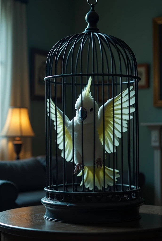 close up of a terrified small white parrot flapping it's wings inside a huge bird cage on a living room table in the dark