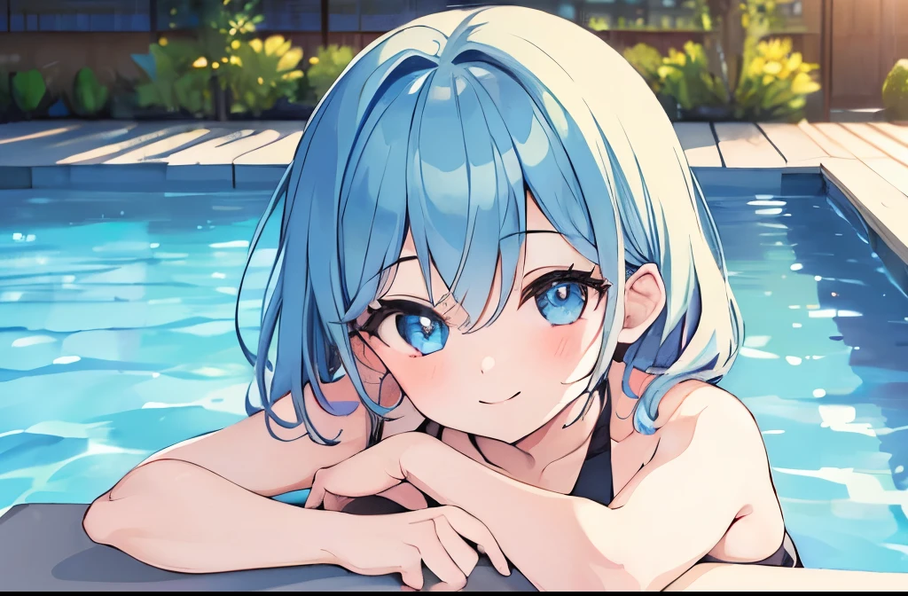 ((masterpiece)), ((best quality)), (ultra-detailed), pool, night, a cute girl, 1girl, solo, bikini, ((beautiful eyes)), smile