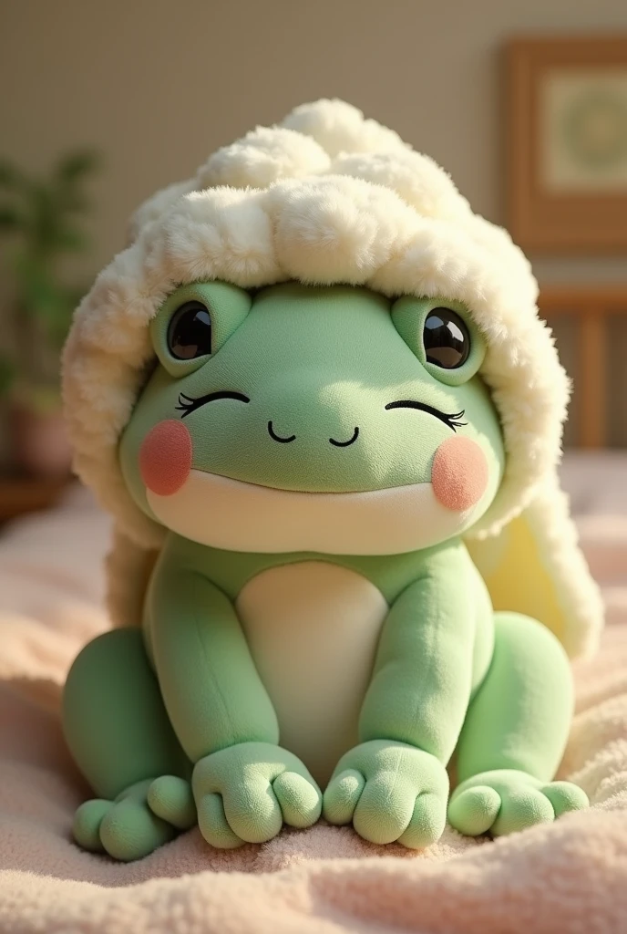 Cute plush frog with sleeping cap