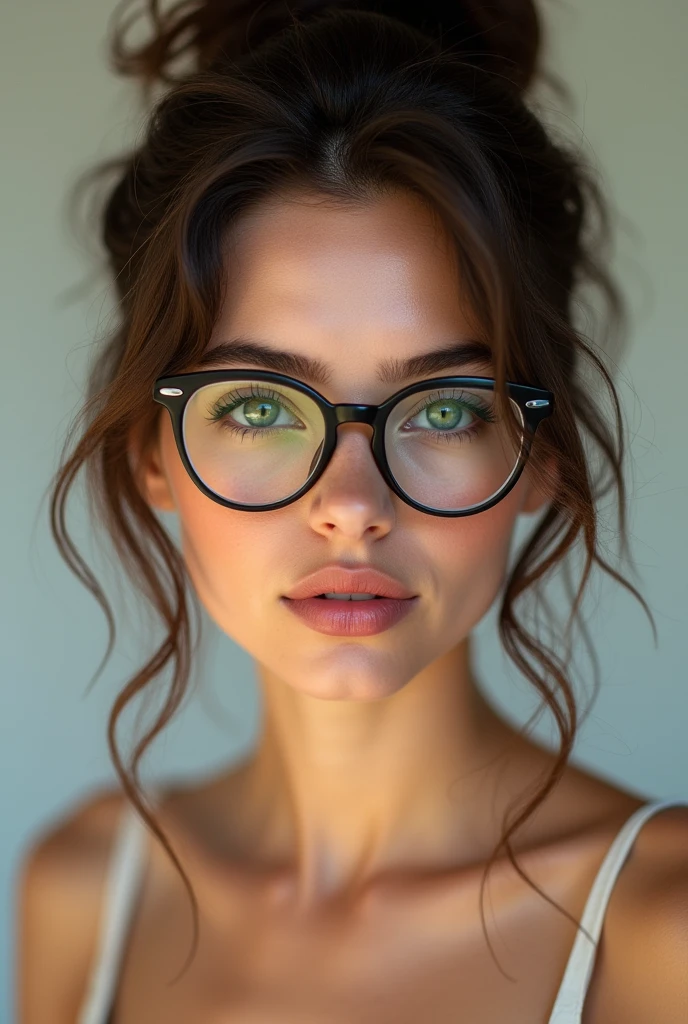 (beautiful detailed eyes, beautiful detailed lips, extremely detailed eyes and face, long eyelashes), 1 girl, brunette, glasses, messy bun, golden swimsuit, sexy, (best quality, 4k, 8k, high resolution, masterpiece: 1.2), ultra detailed, (realistic, photorealistic, photorealistic: 1.37), professional, vivid colors, studio lighting, sharp focus, beautiful detailed skin, fine detail, intricate detail, elegant, sensual, erotic, seductive