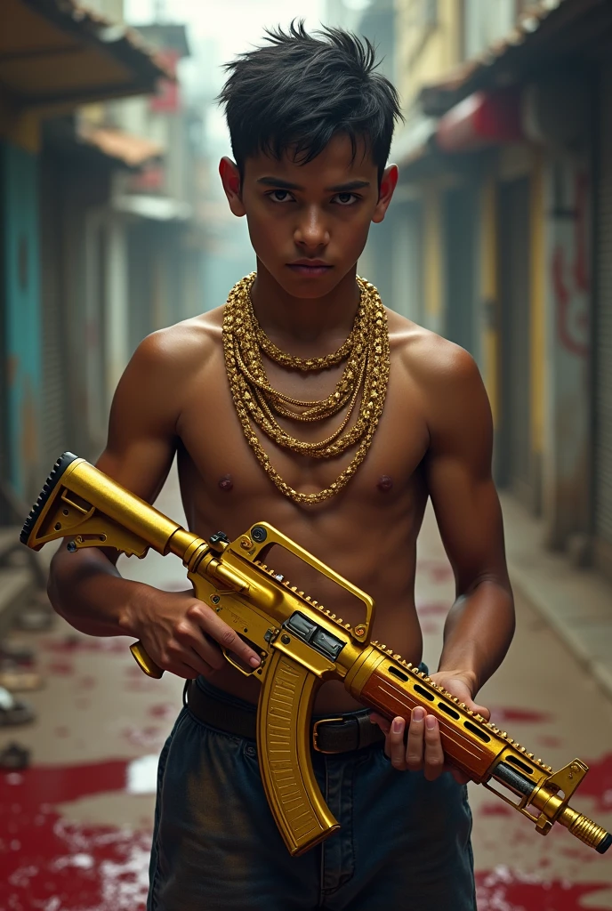 a boy(a child of no more than 13 years of age )with Brazilian traits , make him a slum in the middleweight division , around his neck several chains of pure gold studded with some rubies , also make a golden assault rifle in your hand , at his feet several pools of blood 