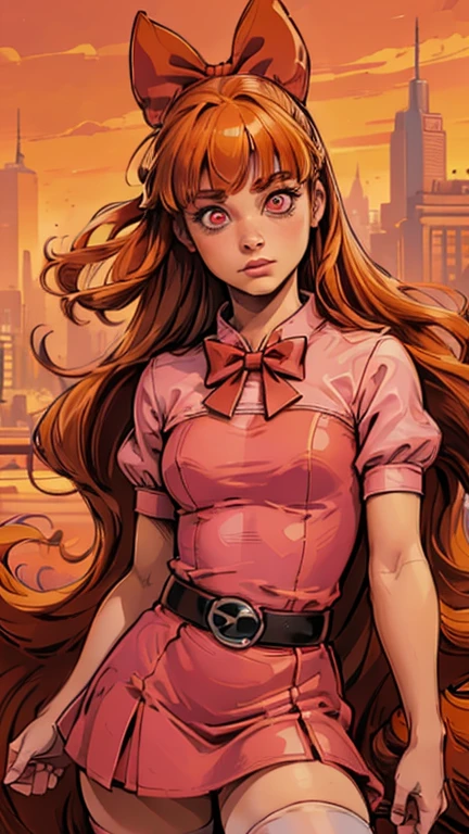 (Blossom:1.5), (extremely detailed CG unit 8k wallpaper),(master part), (best quality), (ultra detail), (best illustration),(art adams style), cowboy shot, (Sharp eyeliner, ombre, detailed eyes:1), city, outdoors background, ,break , (Dan Mumford Background), upper body, (orange hair, blunt bangs, pink eyes:1.2), (hair bow, red bow, simple pink dress, simple black belt, white thighhighs:1.2), (realistic:1.2), (masterpiece:1.2),