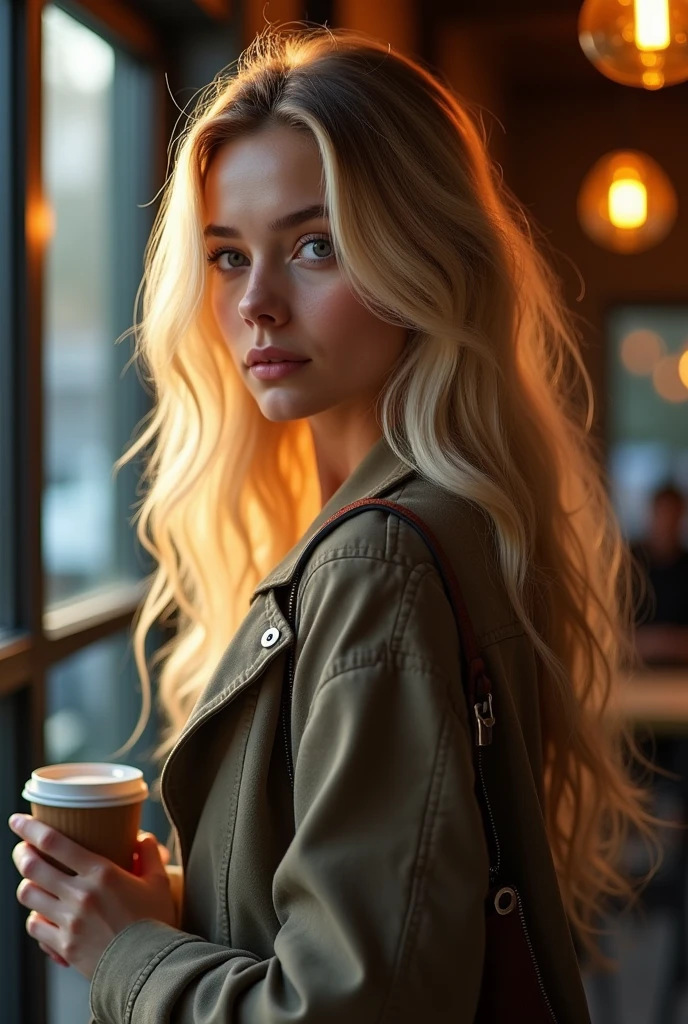 a beautiful girl with long blonde hair, detailed eyes, nose, and lips, walking backwards with a coffee in his hand ,while looking at his marked rear (Best Quality,4k,8k,High resolution,masterpiece:1.2),ultra detailed,(realist,photorealist,photo-realist:1.37),HdR,studio lighting,extremely detailed face and body., portrait,cinematic lighting,dramatic lighting,warm color tones,dramatic colors