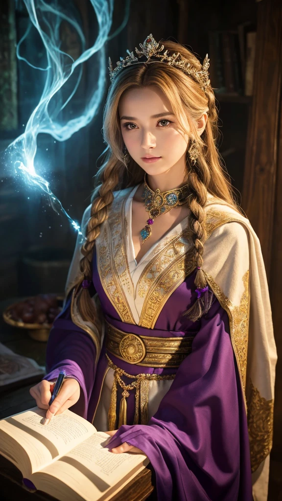 Create a live-action depiction of a gender-swapped version of Strago Magus from Final Fantasy VI. The character, now female, should retain Strago’s wise and experienced demeanor, with a clear representation of her advanced age. Her hair should remain true to the original—long, white, and slightly unruly, styled in a loose braid or bun, with strands falling around her face. Her face should show distinct signs of aging, with deep wrinkles around her eyes, forehead, and mouth, giving her a wise and weathered look that reflects a lifetime of magical study and experience. Her eyes should be sharp and penetrating, glowing with the knowledge and power she has accumulated over the years.

Her build should be  and frail, indicating her age, yet she should stand with a dignified posture, exuding an aura of strength and resilience. Her outfit should be a feminine reimagining of Strago’s traditional mage robes, designed to reflect her status as a master of ancient magic. She should wear a long, flowing robe in deep purple or blue, decorated with intricate magical symbols and patterns. The robe should have wide, flowing sleeves and a high collar, adding to her regal and mystical appearance.

Over her robe, she should wear a lightweight shawl or cloak, perhaps with a hood, in a complementary color such as dark green or burgundy, adding depth and layering to her outfit. Accessories should include a wooden staff with an ornate, gem-encrusted head, symbolizing her mastery of magic, and several magical amulets or charms, worn around her neck and wrists, that reflect her deep connection to the arcane.

The background should be set in an ancient, mystical library or a secluded, enchanted forest, filled with magical artifacts and books, emphasizing her deep knowledge and connection to the magical world. The overall image should capture Strago’s wisdom, age, and magical prowess, with the gender swap adding a new layer of femininity while staying true to her original essence as an e