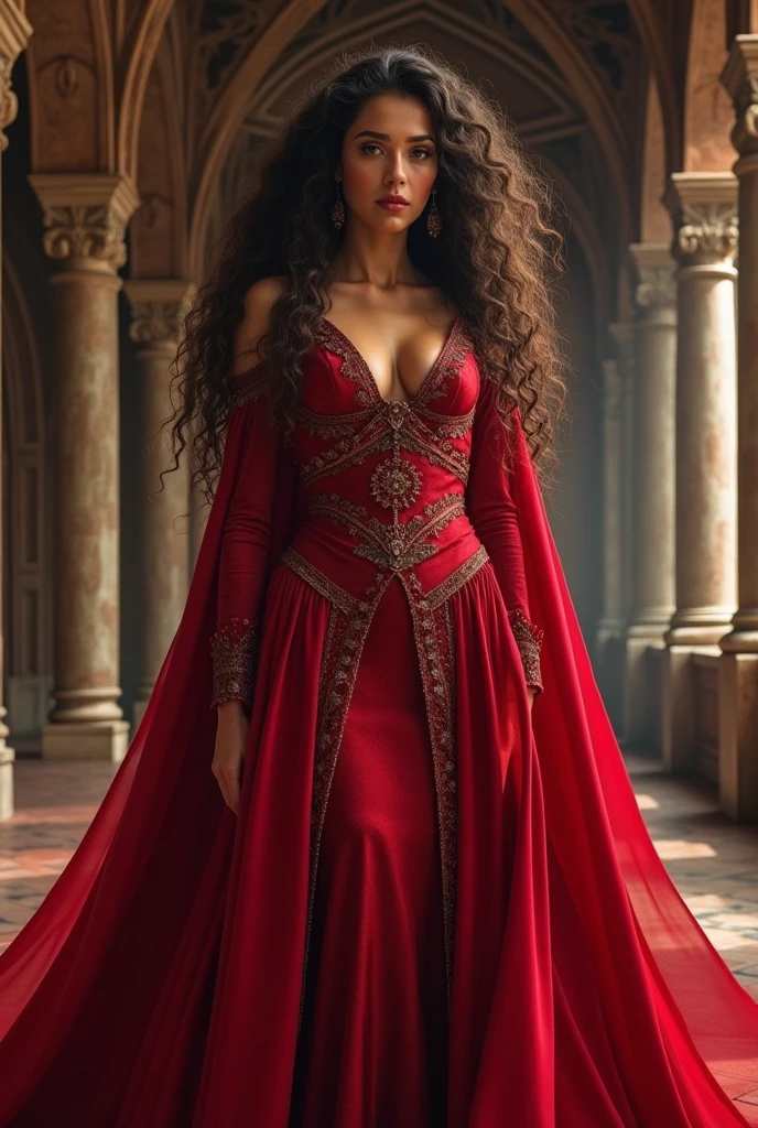 best qualityer, work of art, ultra high resolution, woman strong, long curly hair, redgown, medieval clothes,extreme detail, 4K,