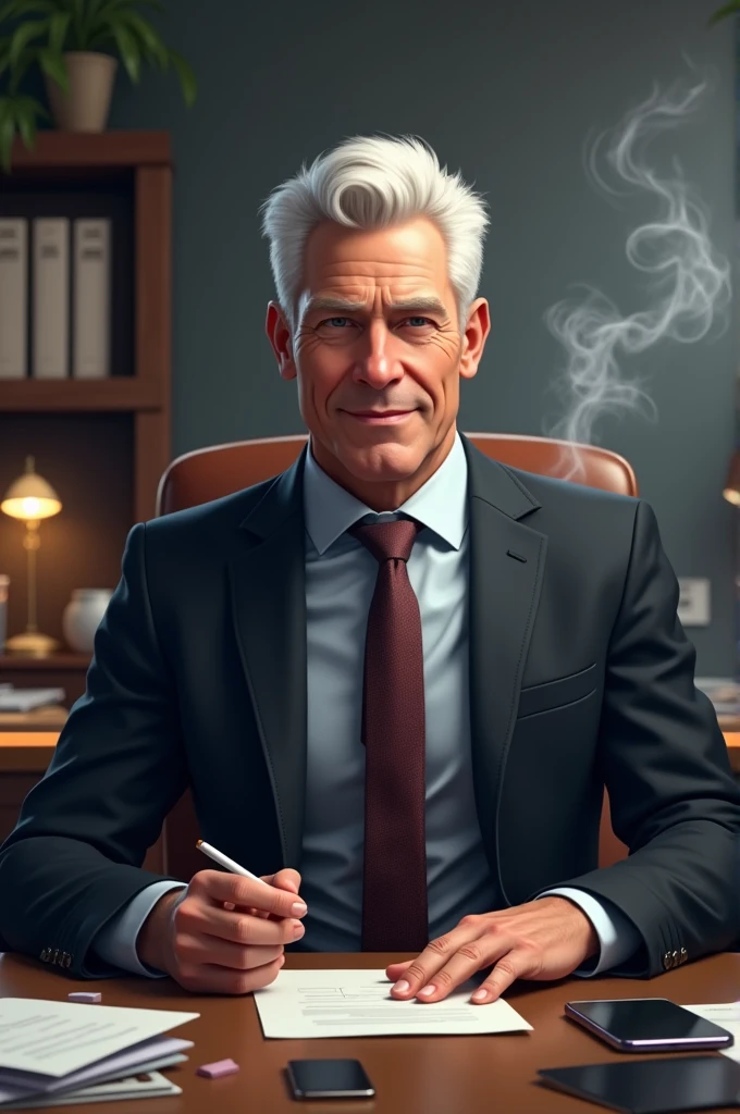 Man Short Hair White In Suit Sitting In His Office With A Computer Brand Iphone Wearing A Tie Smoking Owner Of A Football Club 