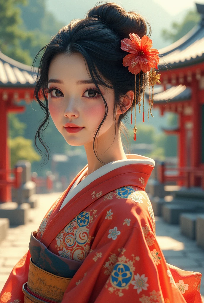 A beautiful young woman wearing brightly colored Japanese clothing、A charming expression、background、Shrines and temples、Ukiyo-e style Japanese painting、