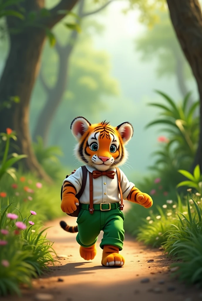 Baby tiger walking to school, green pants, white cubayera