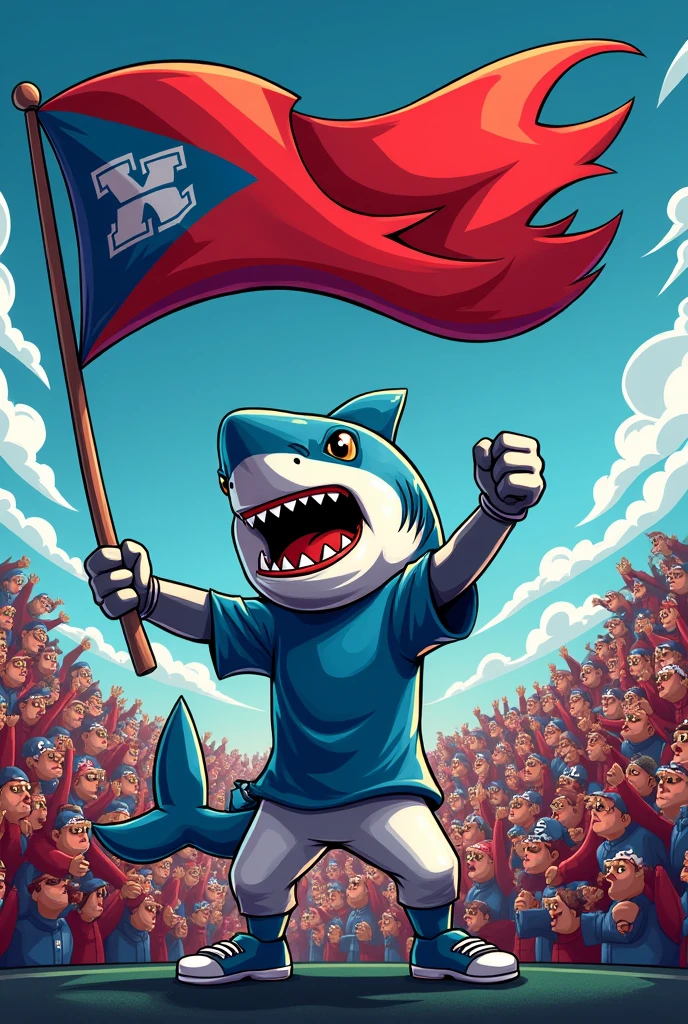 Image of a cheering flag with a shark mascot