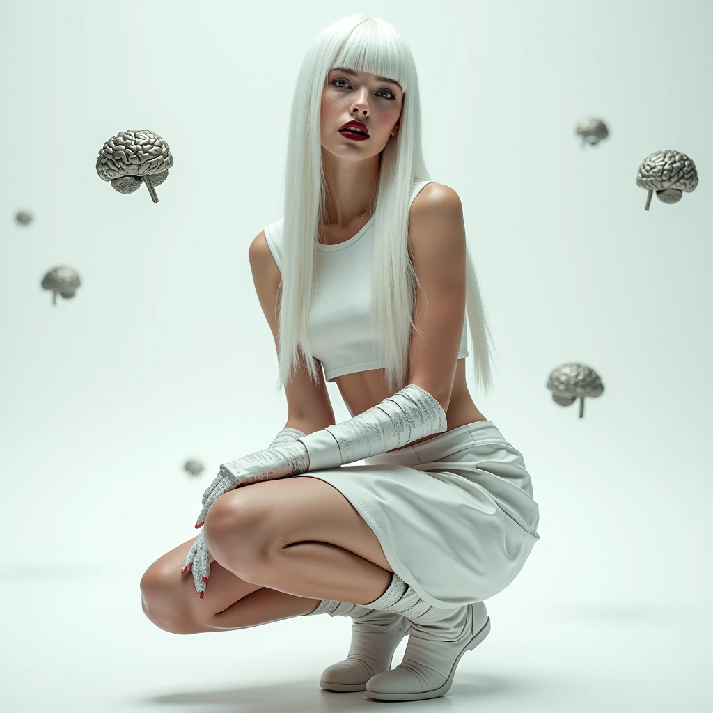 A woman with long straight white hair with bangs,she will wear a paper crop top made from newspaper,a mini paper skirt made from newspaper and a boot made from newspaper,she will be crouched and the background will be white with little metallic brains floating in the background,I want her beautiful like a model,she will wear a newspaper glove and wine red lipstick