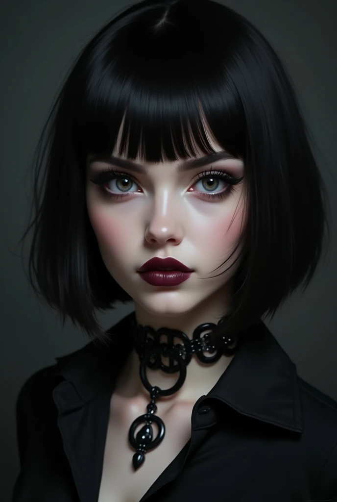 Goth girl, black Chanel hair with bangs, black blouse, black neck accessory, black color gothic makeup