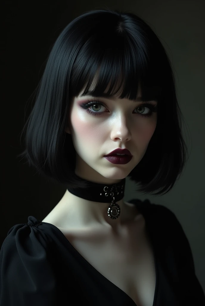 Goth girl, black Chanel hair with bangs, black blouse, black neck accessory, black color gothic makeup