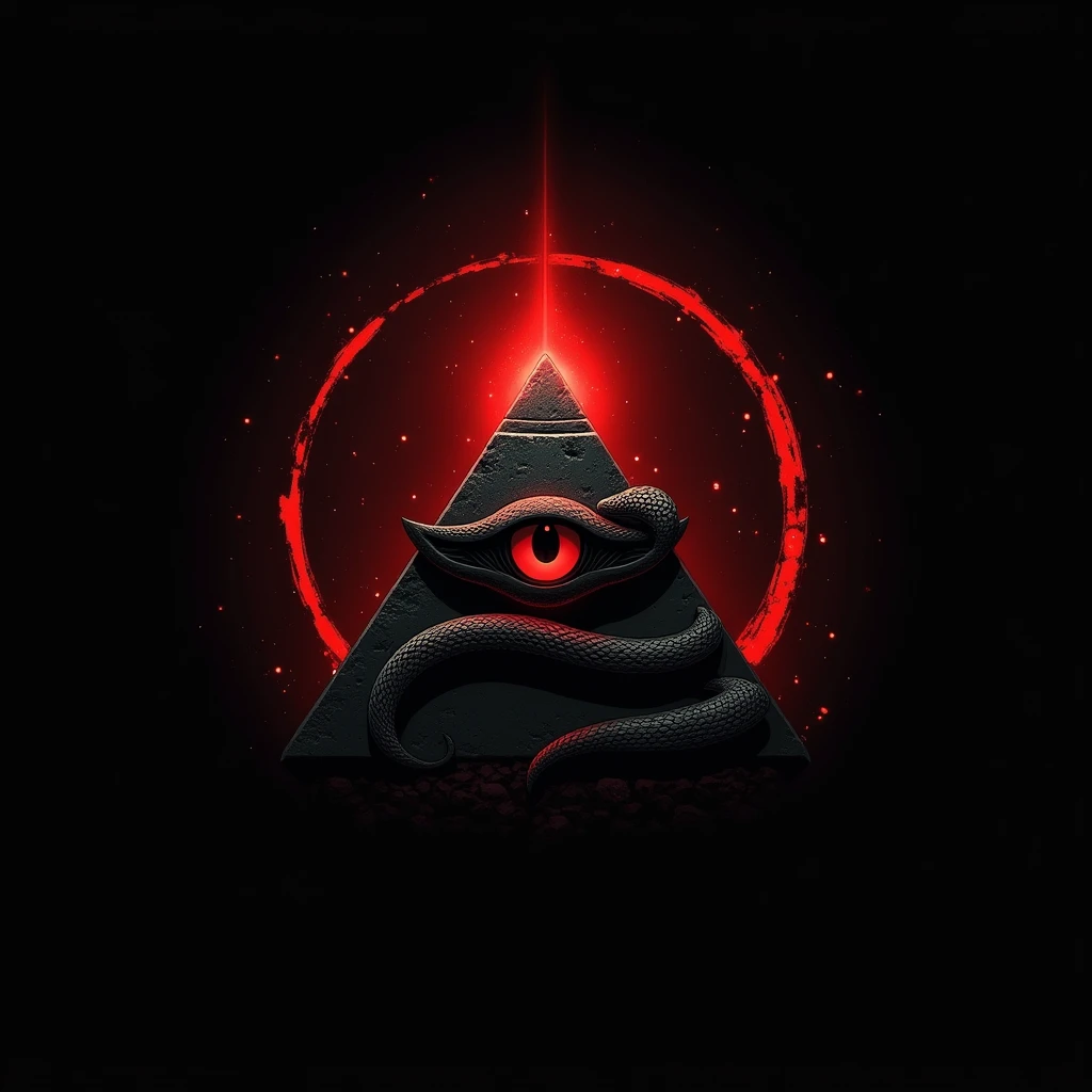 Create a logo, Pyramid with an eye in its center, snake coiled around the pyramid. Use colors are black and red
