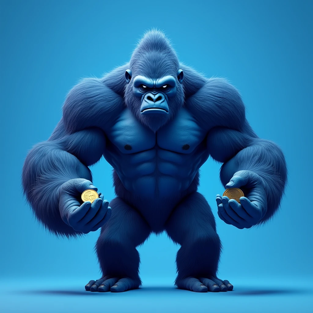 Blue gorilla  , blue plain background , coin  , noble , angry , muscular 