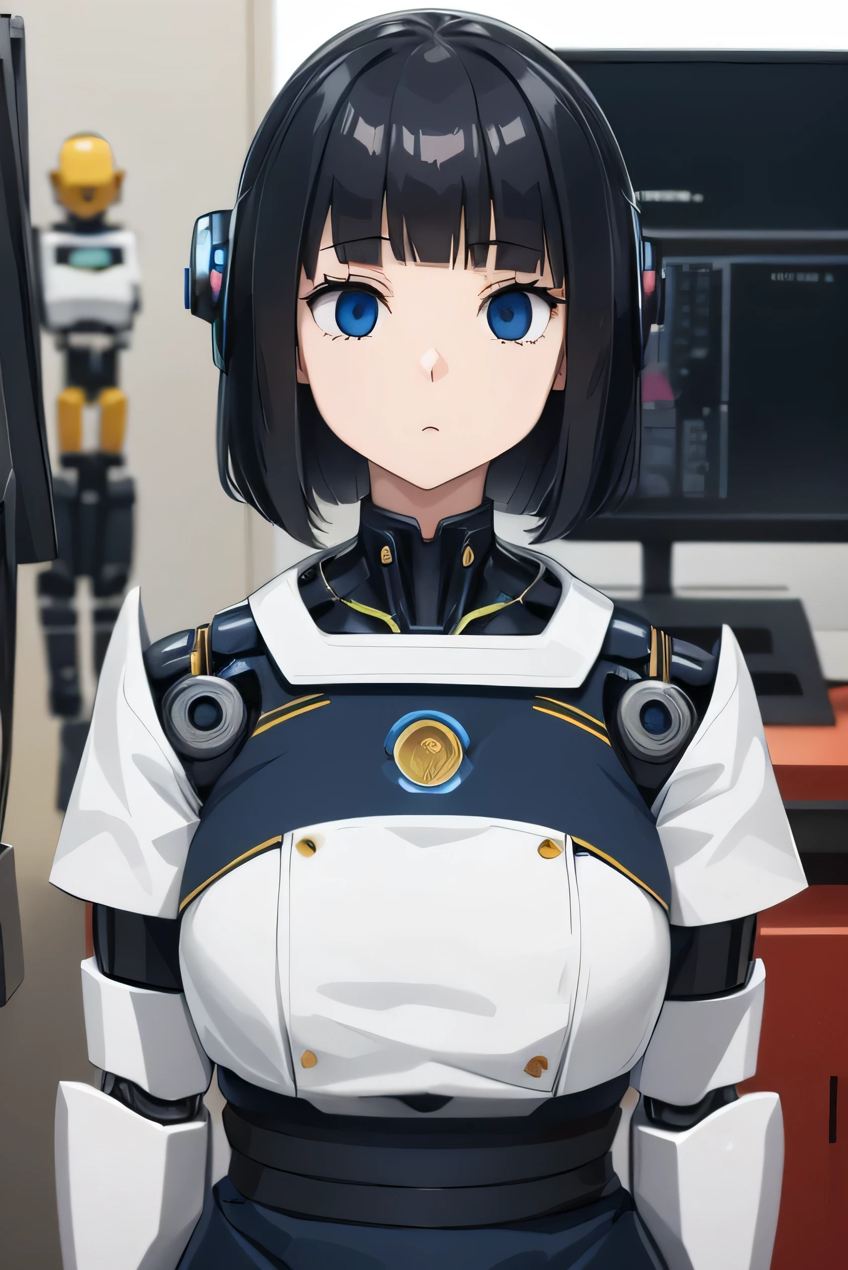 masterpiece, best quality, extremely detailed, Japaese android girl,portrait,Plump,a bit chubby,control panels,android,Droid,Mechanical Hand, Robot arms and legs, Black hair,Blunt bangs,perfect robot girl,long tube,thick cable connected her neck,android,robot,humanoid,cyborg,japanese cyborg girl ,robot-assembly plant,She is assembling now,assembly scene,blue eyes,chest monitor,hypnosis,blank eyes