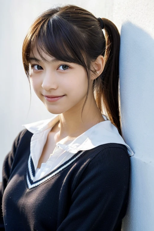 (Highly realistic photos, High resolution, Detailed face, Beautiful Eyes), ((Photographed in front of a white wall))、Japanese women, middle School girls, ,A little dark, alone:1, Slim figure, ponytail, Casual clothing, one in the photo、Photographed in natural light、Simple Necklace、school uniform、profile、Dark brown hair color、Full body angle、smile