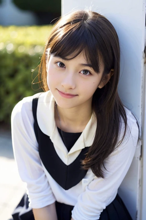 (Highly realistic photos, High resolution, Detailed face, Beautiful Eyes), ((Photographed in front of a white wall))、Japanese women, middle School girls, ,A little dark, alone:1, Slim figure, ponytail, Casual clothing, one in the photo、Photographed in natural light、Simple Necklace、school uniform、profile、Dark brown hair color、Full body angle、smile