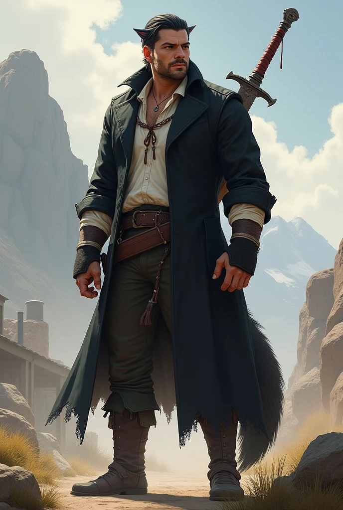 He is a tall indigenous man, 2 meters tall, with a square face and short dark hair and a beardless face with a smooth, clean-shaven face. His eyes are wolf-like and one of them is closed with pointy ears with earrings. He wears a dark black overcoat with a white shirt underneath and dark pants and has a strong physique with broad shoulders and chest and a large wolf tail. A large sword is strapped to his back. I would like the art in a fantasy RPG style. In the Old West
