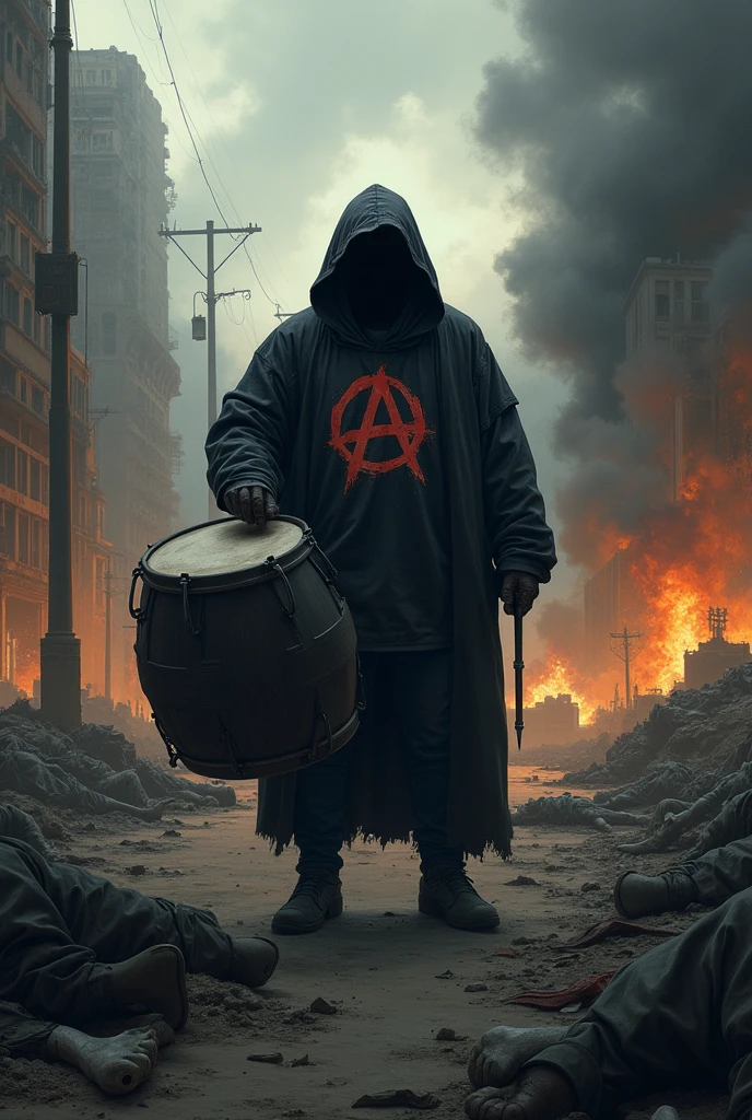 In the background of the street Drummer playing black drum instrument,  hooded dress black clothing printed with anarchy symbol, hidden face, kind of fat, further down the street of the war torn city at night, fire and smoke, dark clouds in the sky, bodies of dead soldiers lying on the ground 