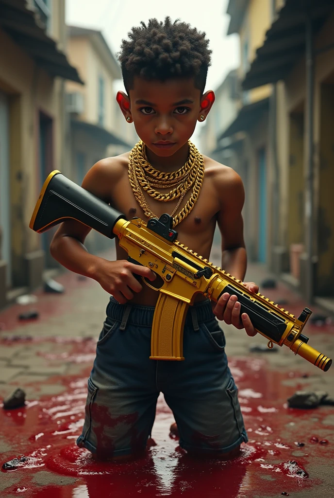 a boy(a child of no more than 13 years of age )with Brazilian traits , make him a slum in the middleweight division , around his neck several chains of pure gold studded with some rubies , also make a golden assault rifle in your hand , at his feet several pools of blood