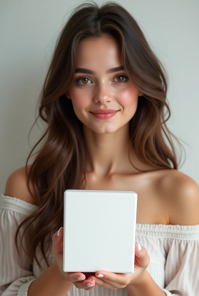 Create a brunette holding a styrofoam 