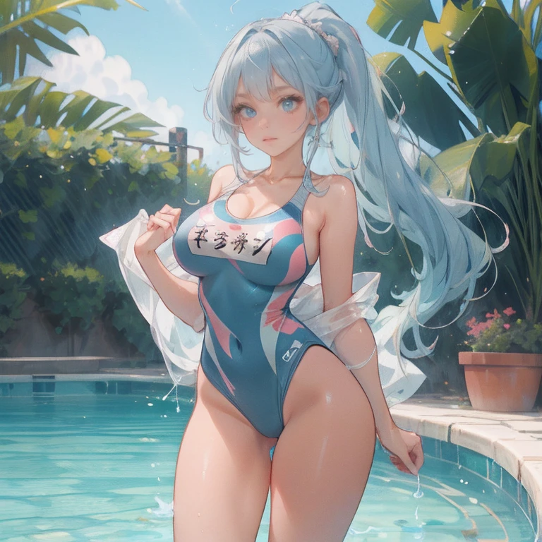 Anime Kawaii sexy Perfect Slim sensual body large breast and huge thighs, An intricate and highly detailed illustration of anime (Young girl (cute), ((sexly)), ((Very detailed)), 4K, (8k), Highest quality,Cowboy Shot,Sexy woman, One Woman,Very large breasts,((Light blue hair color)),((Blue eyes)),(High Ponytail),((Embarrassing)),(((High leg competitive swimsuit))),Ultra-glossy body,Poolside